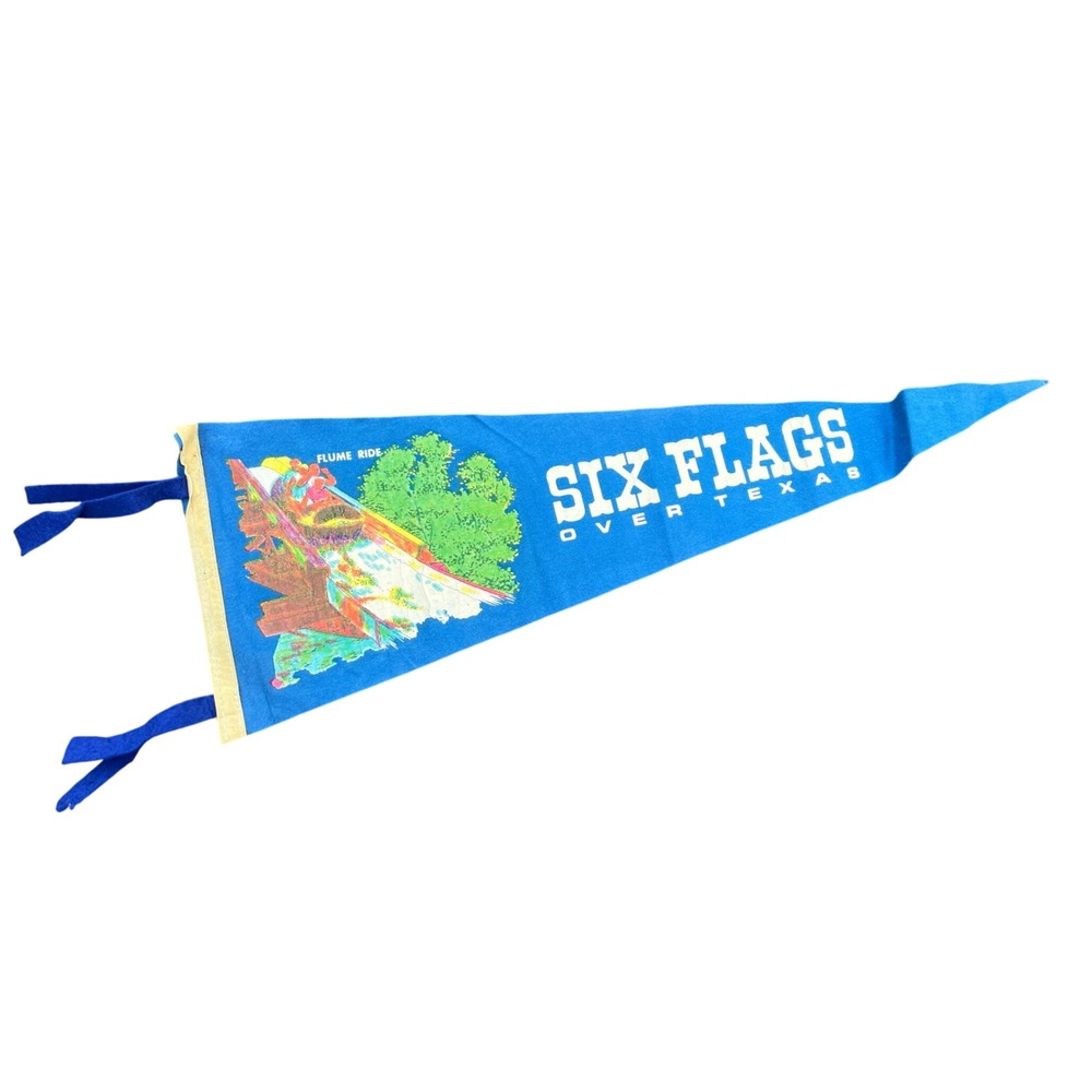 Vintage Six Flags Over Texas Flume Ride Souvenir Felt Pennant Blue AmusementPark